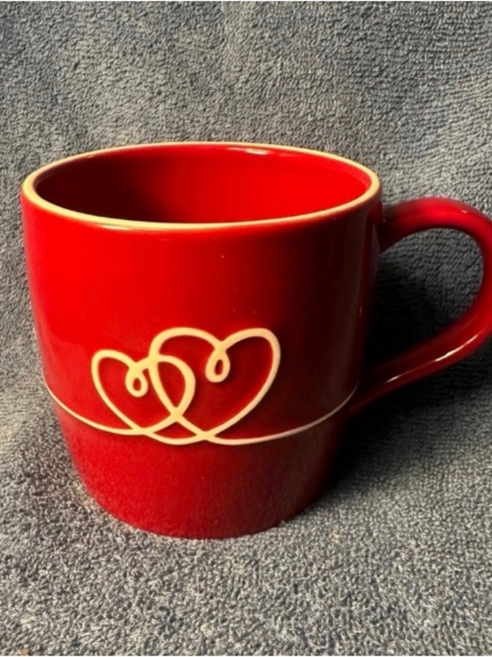 Red Ceramic Mug with Interlocking Heart Design